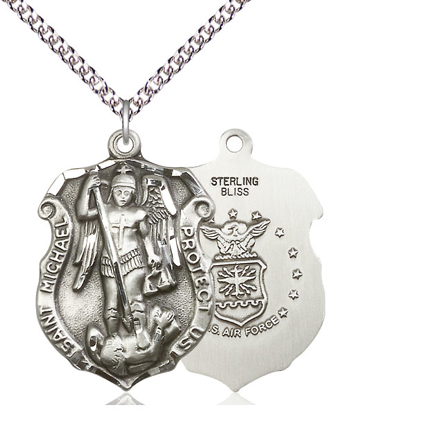 Sterling Silver Saint Michael Air Force Pendant on a 24 inch Sterling Silver Heavy Curb chain