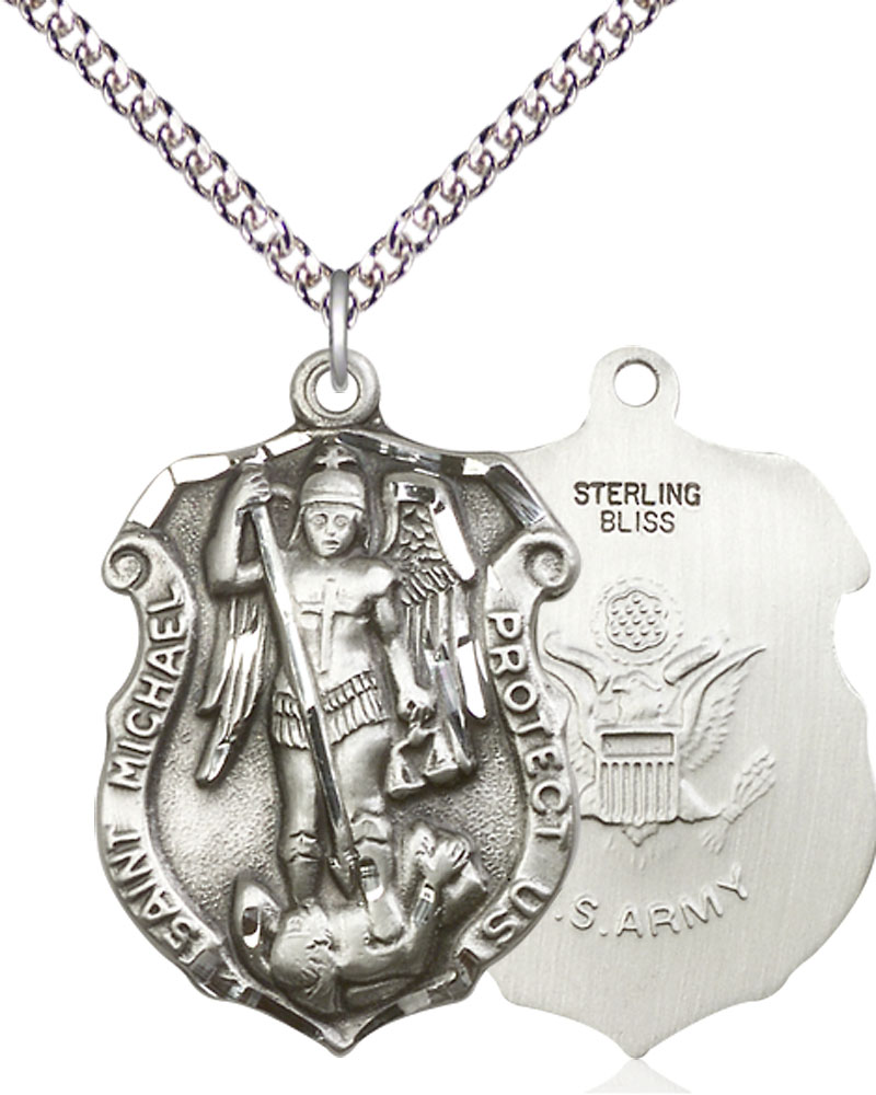 Sterling Silver Saint Michael Army Pendant on a 24 inch Sterling Silver Heavy Curb chain