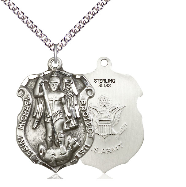 Sterling Silver Saint Michael Army Pendant on a 24 inch Sterling Silver Heavy Curb chain