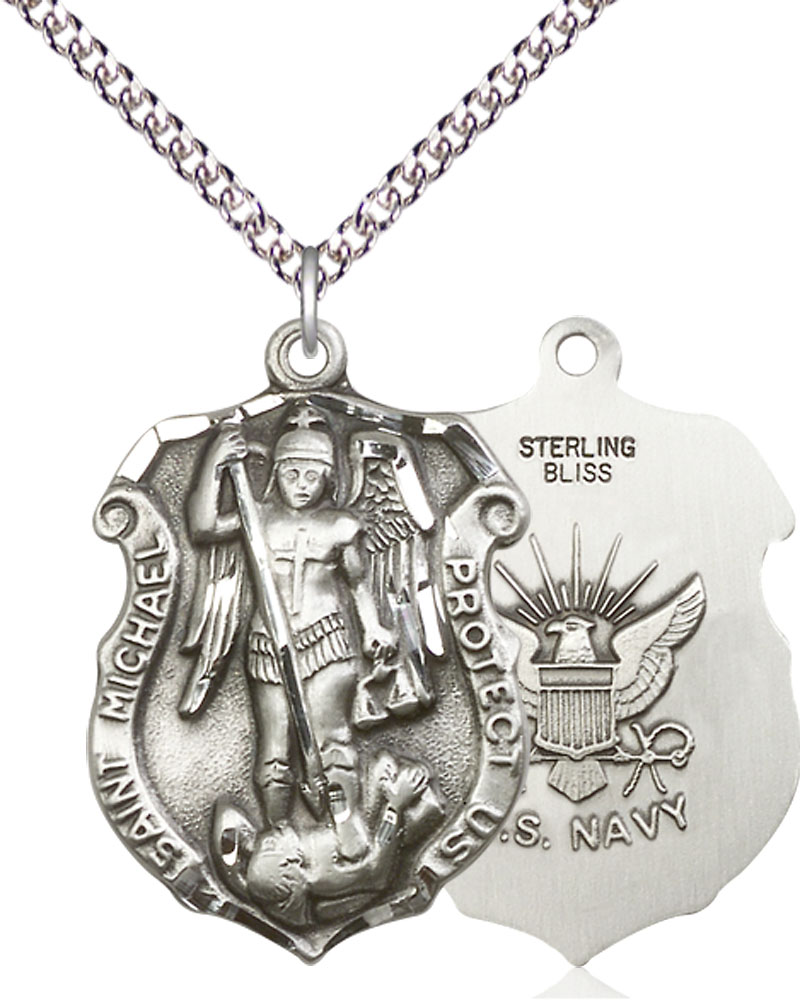 Sterling Silver Saint Michael Navy Pendant on a 24 inch Sterling Silver Heavy Curb chain