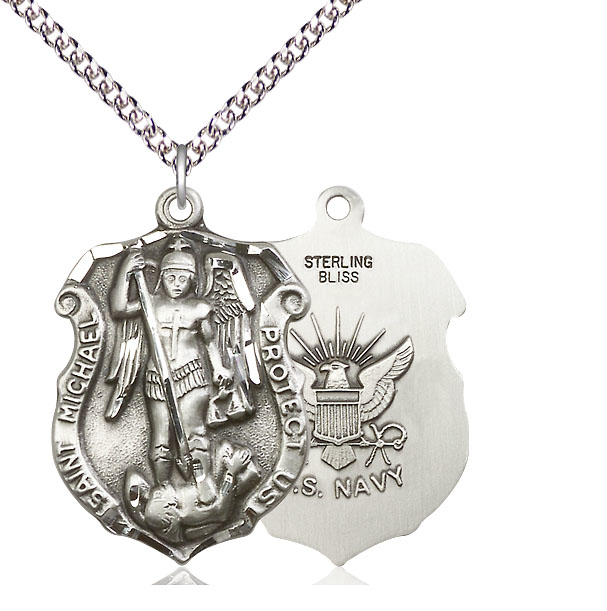 Sterling Silver Saint Michael Navy Pendant on a 24 inch Sterling Silver Heavy Curb chain