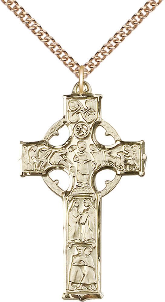 14kt Gold Filled Celtic Cross Pendant on a 24 inch Gold Filled Heavy Curb chain