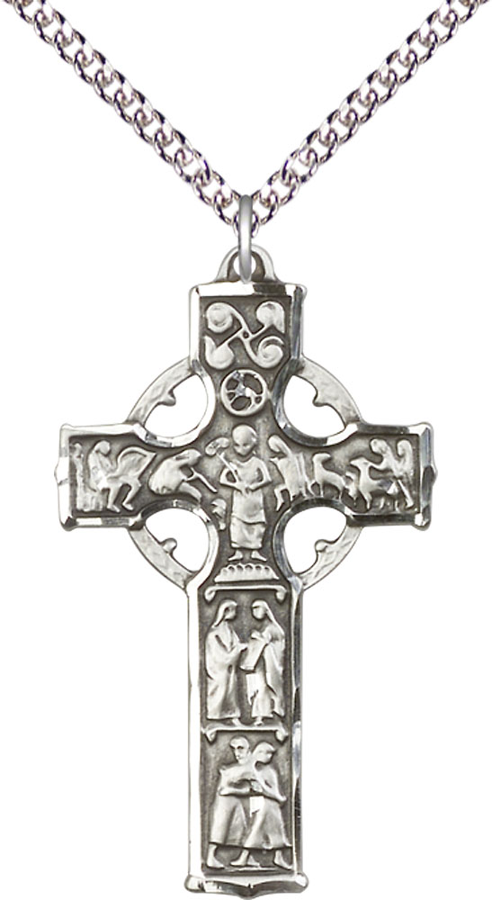 Sterling Silver Celtic Cross Pendant on a 24 inch Sterling Silver Heavy Curb chain