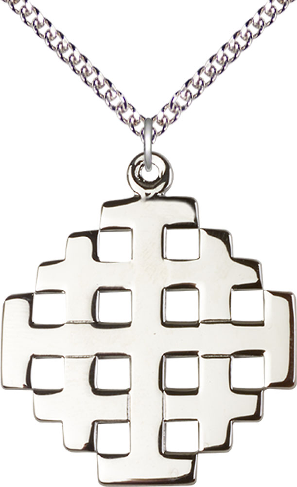 Sterling Silver Jerusalem Cross Pendant on a 24 inch Sterling Silver Heavy Curb chain