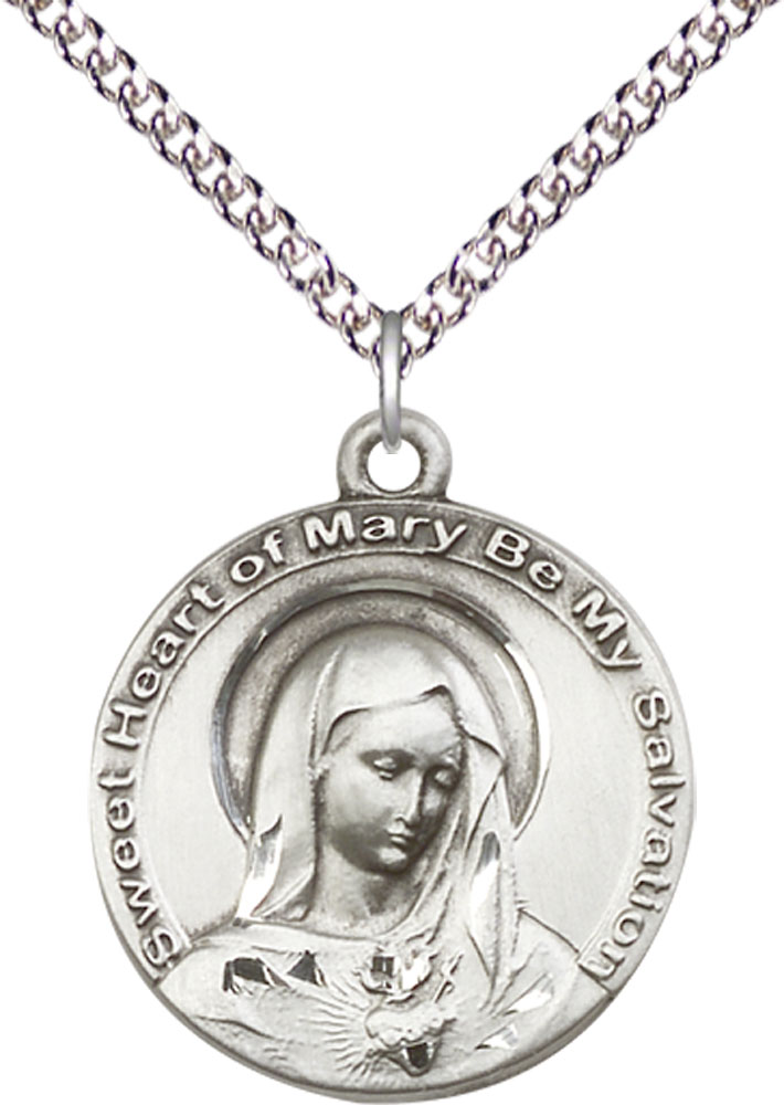 Sterling Silver Mary Pendant on a 24 inch Sterling Silver Heavy Curb chain