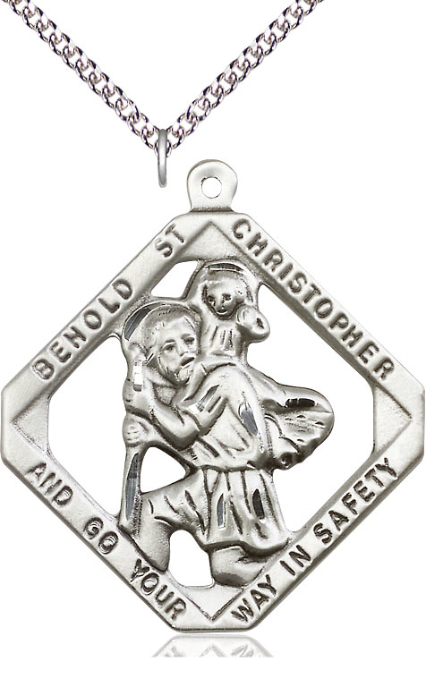 Sterling Silver Saint Christopher Pendant on a 24 inch Sterling Silver Heavy Curb chain