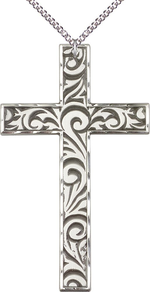 Sterling Silver Knurled Cross Pendant on a 24 inch Sterling Silver Heavy Curb chain