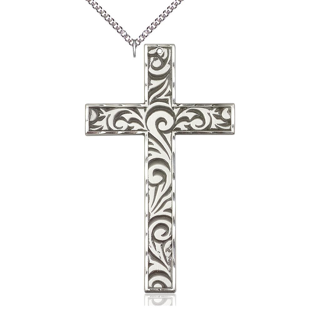 Sterling Silver Knurled Cross Pendant on a 24 inch Sterling Silver Heavy Curb chain