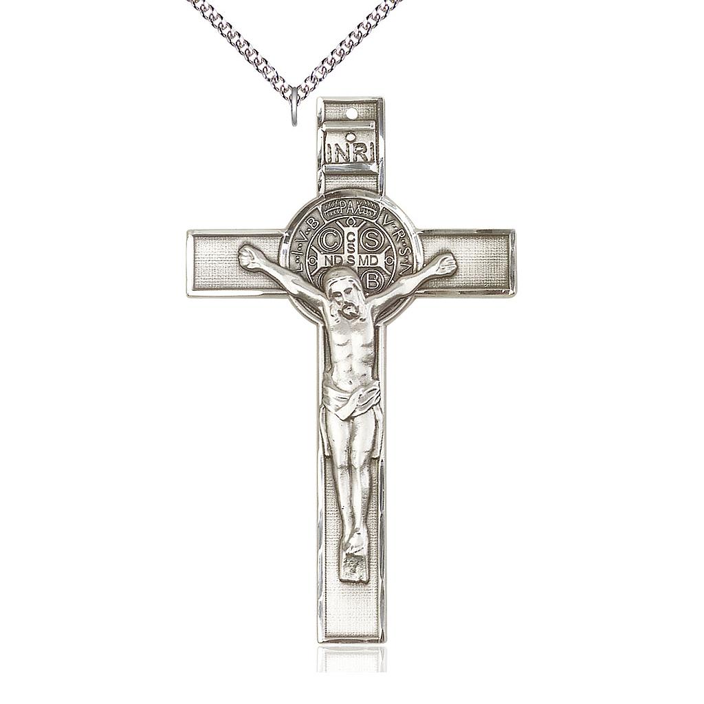 Sterling Silver Saint Benedict Pendant on a 24 inch Sterling Silver Heavy Curb chain