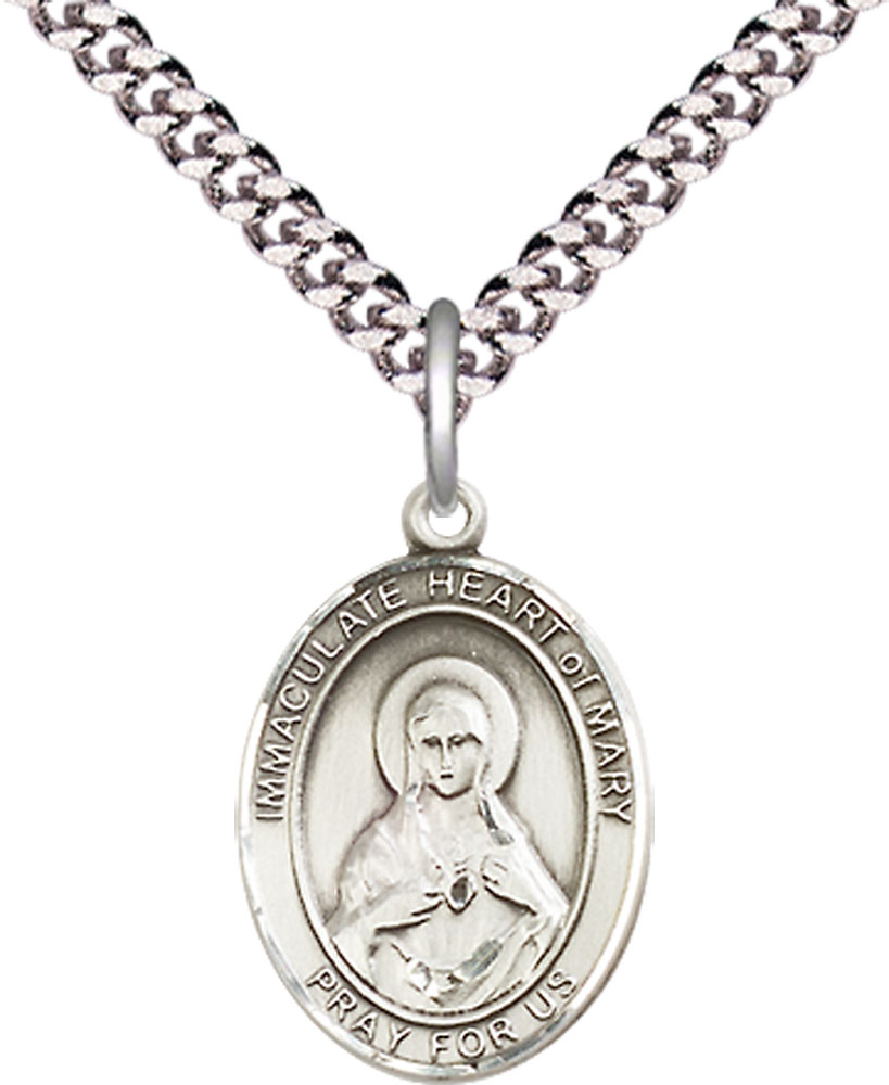 Sterling Silver Immaculate Heart of Mary Pendant on a 24 inch Light Rhodium Heavy Curb Chain