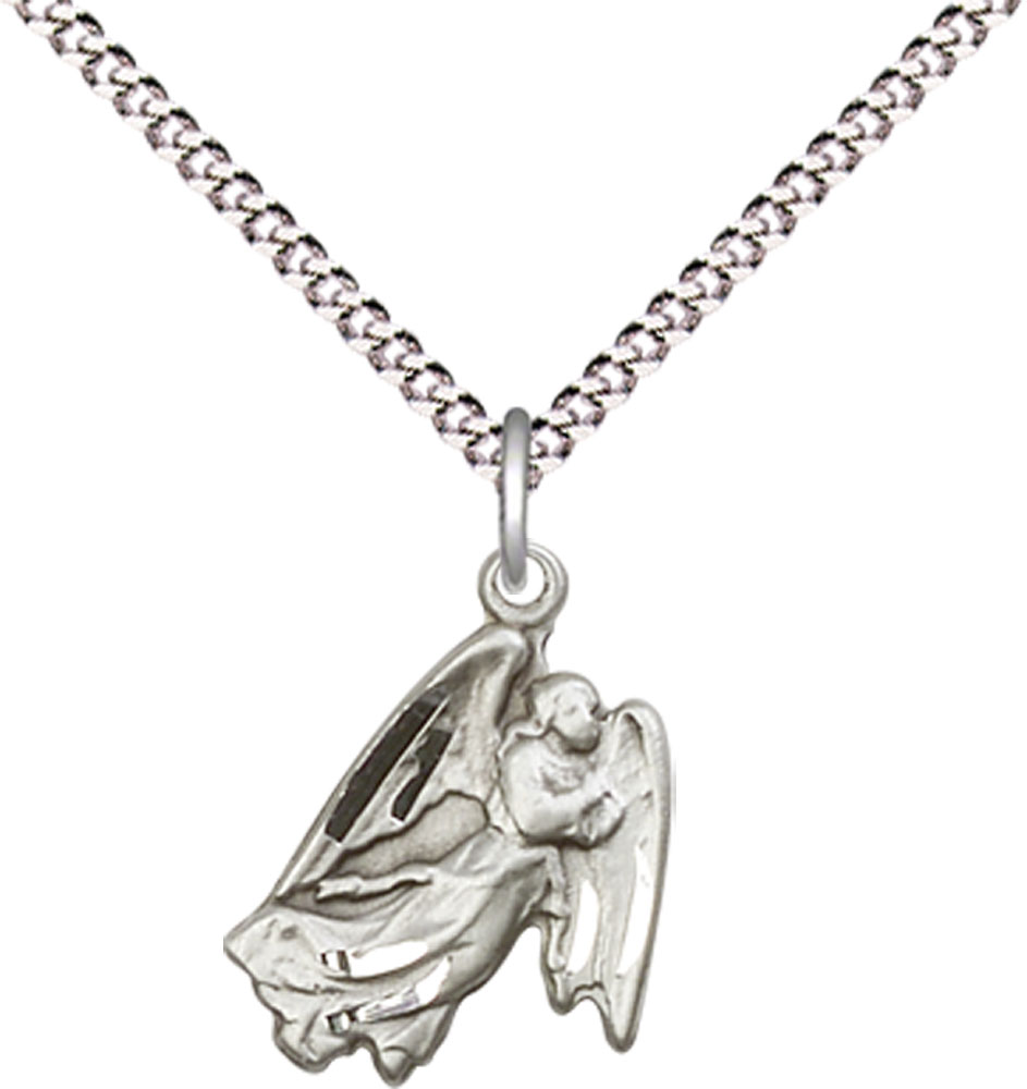 Sterling Silver Guardian Angel Pendant on a 18 inch Light Rhodium Light Curb chain