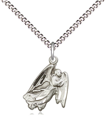 Sterling Silver Guardian Angel Pendant on a 18 inch Light Rhodium Light Curb chain