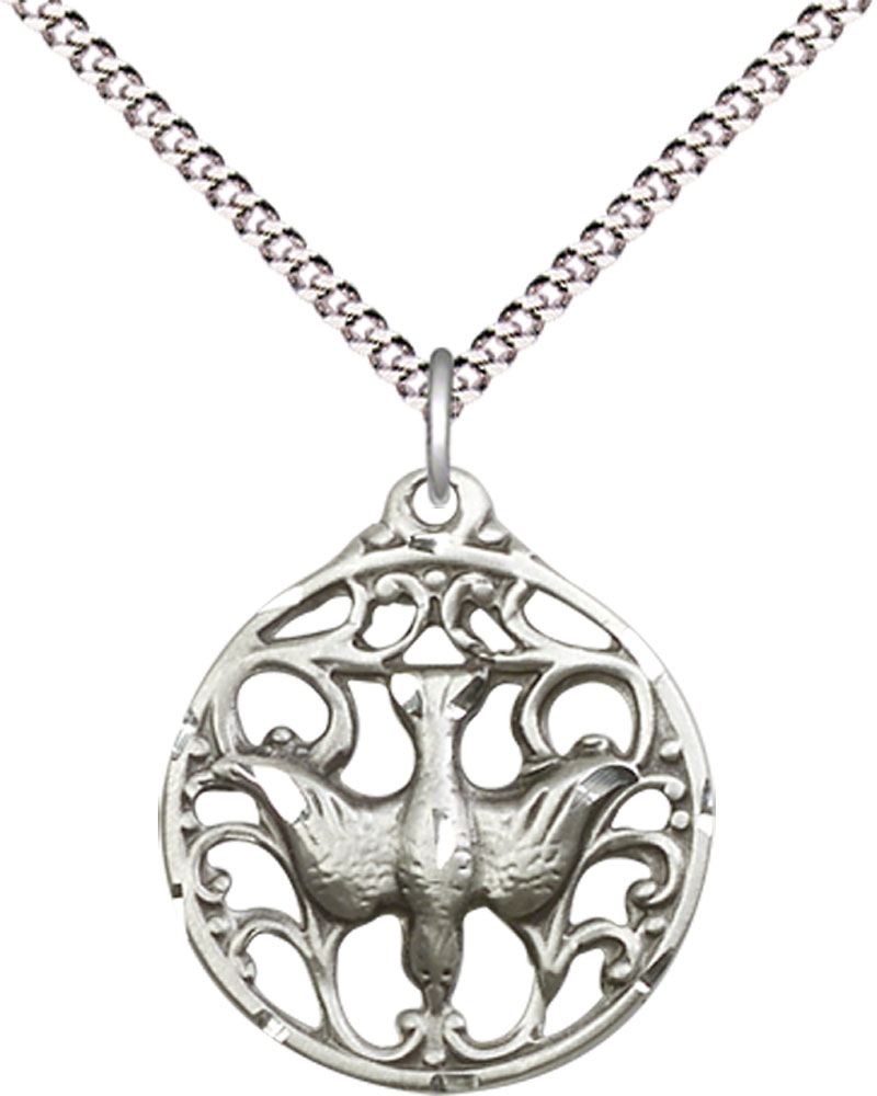 Sterling Silver Holy Spirit Pendant on a 18 inch Light Rhodium Light Curb chain