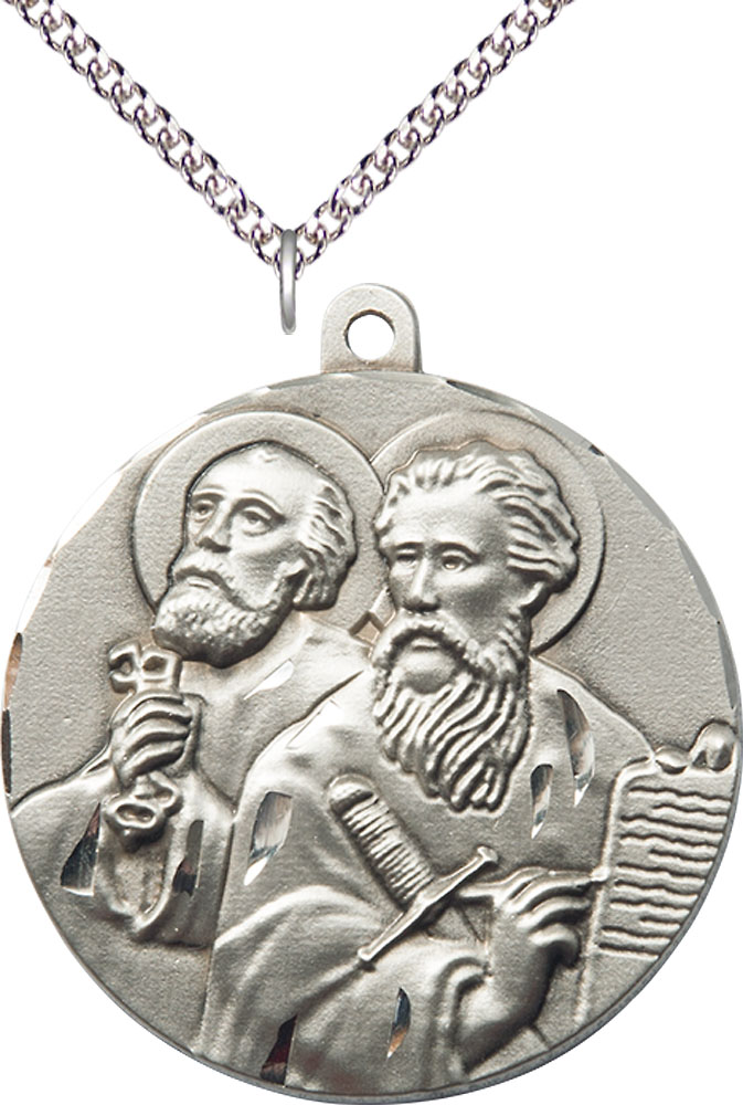 Sterling Silver Saint Peter St Paul Pendant on a 24 inch Sterling Silver Heavy Curb chain