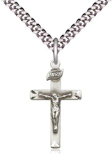 Sterling Silver Crucifix Pendant on a 24 inch Light Rhodium Heavy Curb chain