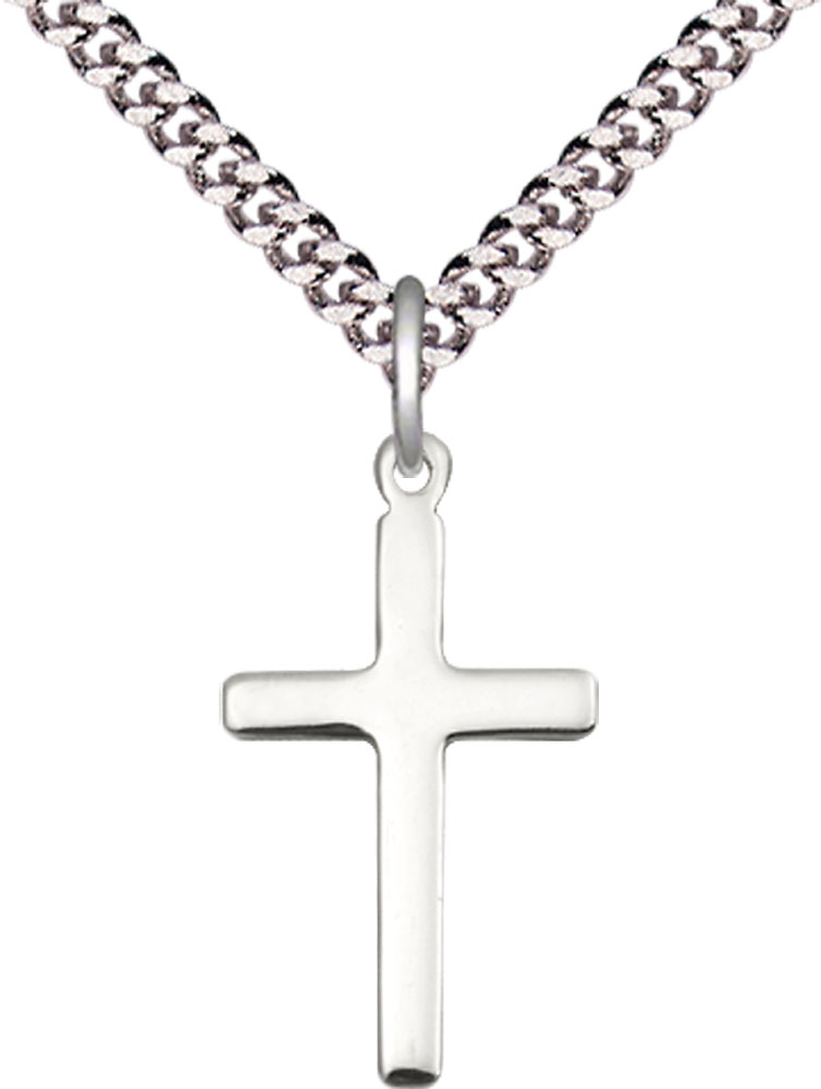 Sterling Silver Cross Pendant on a 24 inch Light Rhodium Heavy Curb chain