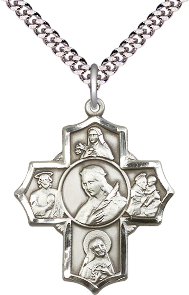 Sterling Silver Philomena Theresa Rita Antony Jude Pendant on a 24 inch Light Rhodium Heavy Curb chain