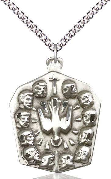 Sterling Silver Apostles Pendant on a 24 inch Sterling Silver Heavy Curb chain