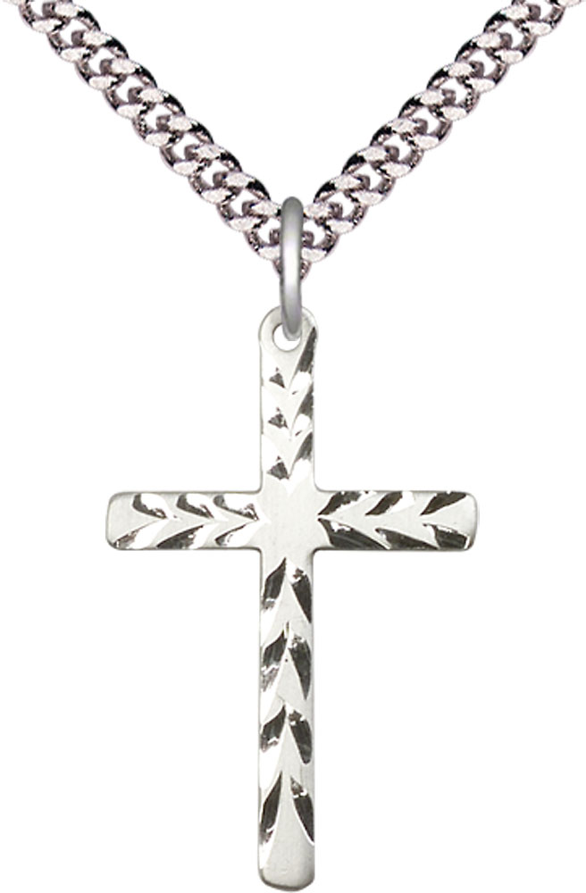 Sterling Silver Cross Pendant on a 24 inch Light Rhodium Heavy Curb chain