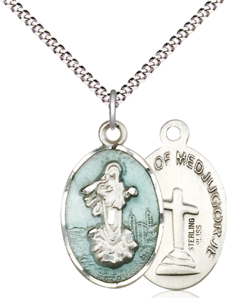 Sterling Silver Our Lady of Medugorje Pendant on a 18 inch Light Rhodium Light Curb chain