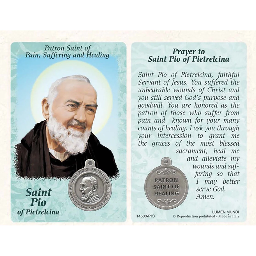 St. Pio Prayer Card with Medal - Healing Saint for Pain, Suffering &amp; Healing