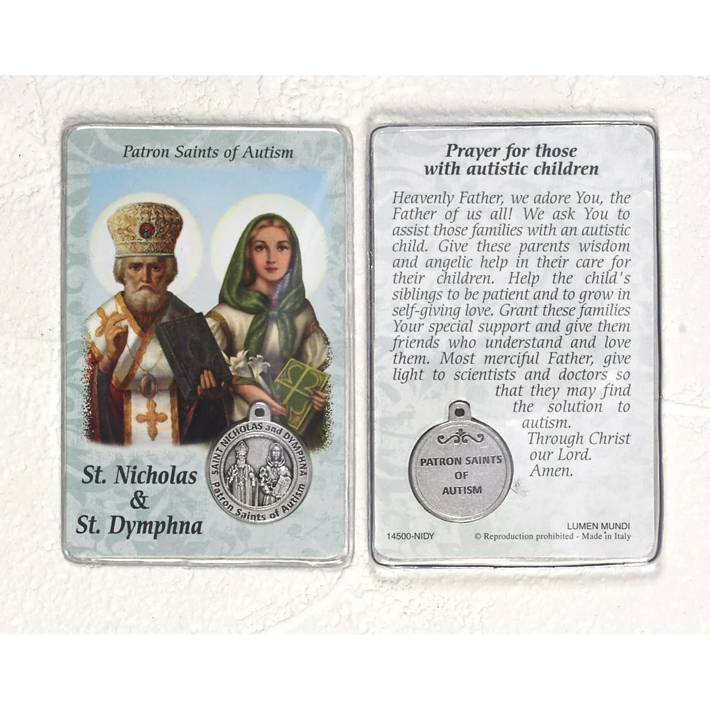 St. Nicholas/St. Dymphna Prayer Card with Medal - Healing Saint for Autism