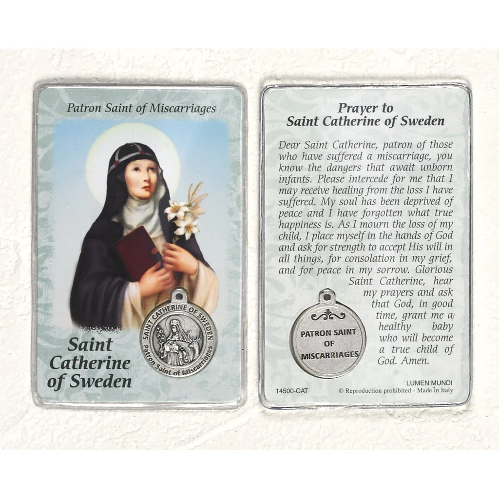 St. Catherine of Sweden Prayer Card with Medal - Healing Saint for Miscarriages