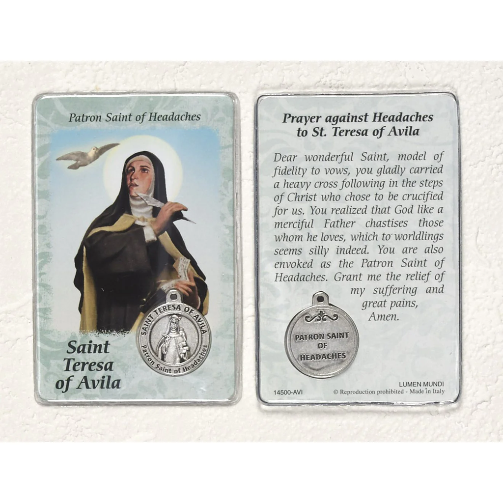 St. Teresa of Avila Prayer Card with Medal - Healing Saint for Headaches