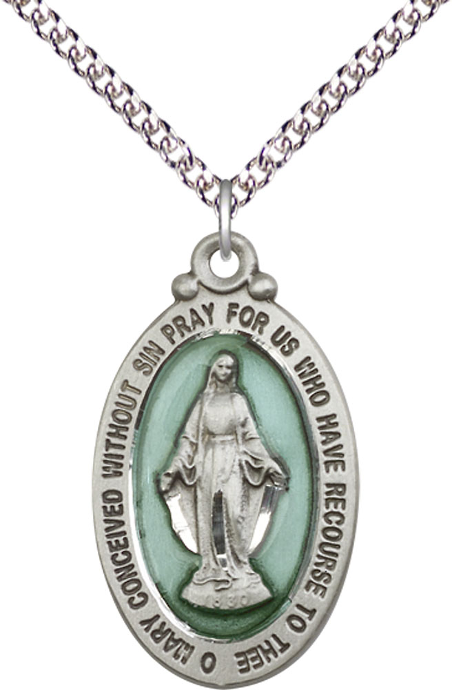 Sterling Silver Miraculous Pendant on a 24 inch Sterling Silver Heavy Curb chain