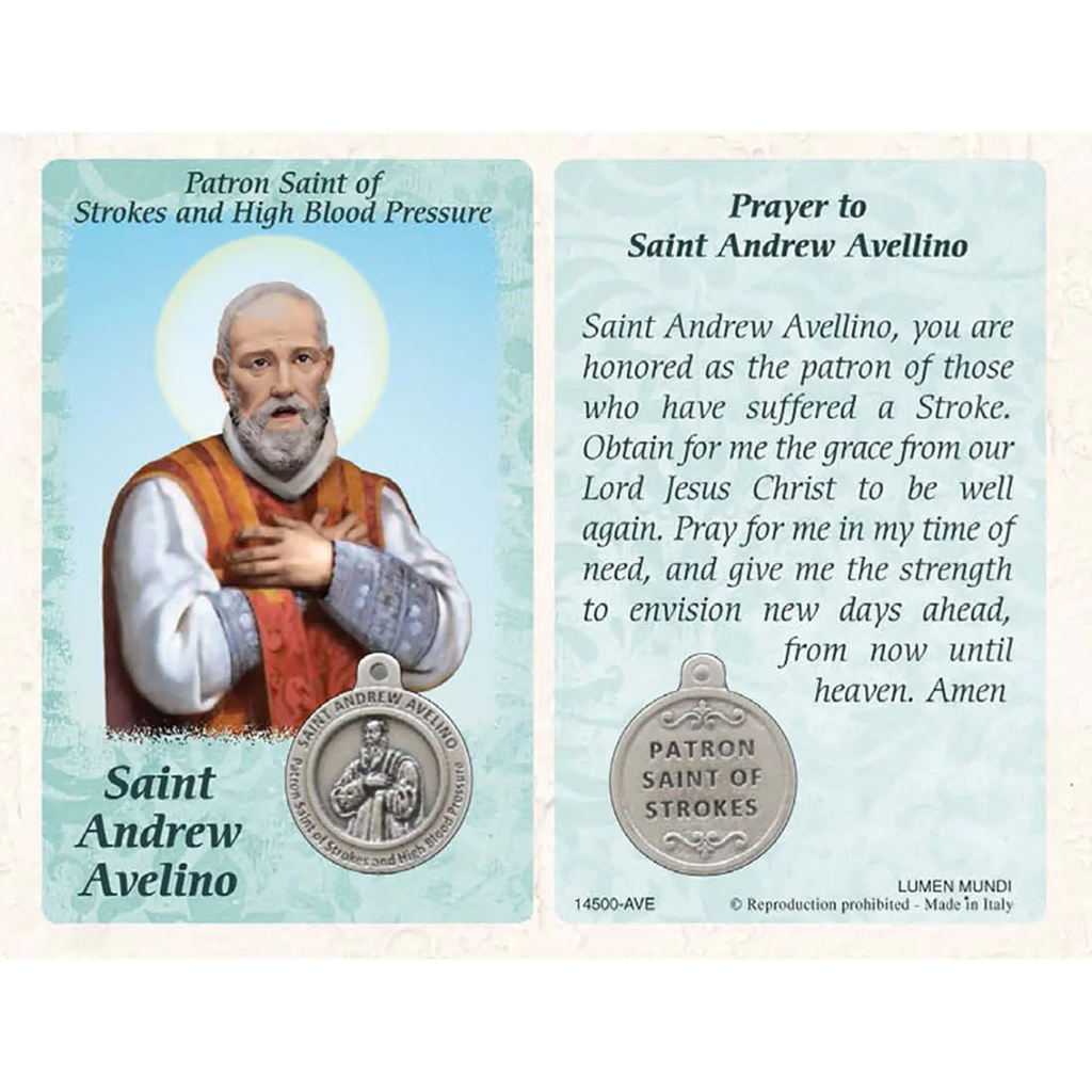 St. Andrew Avellino Prayer Card with Medal - Healing Saint for High Blood Pressure