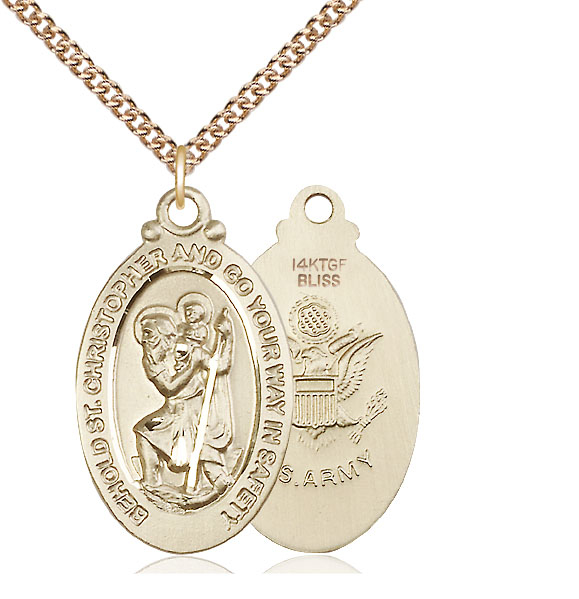 14kt Gold Filled Saint Christopher Army Pendant on a 24 inch Gold Filled Heavy Curb chain