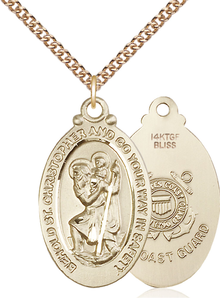 14kt Gold Filled Saint Christopher Coast Guard Pendant on a 24 inch Gold Filled Heavy Curb chain