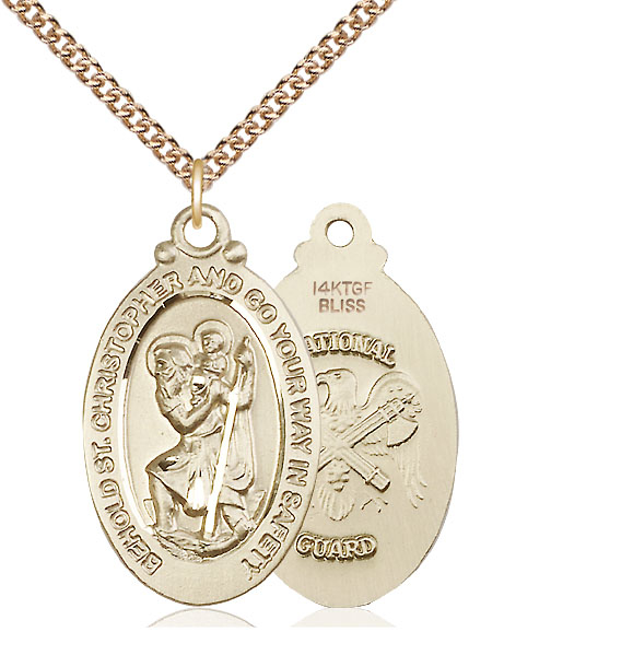 14kt Gold Filled Saint Christopher National Guard Pendant on a 24 inch Gold Filled Heavy Curb chain