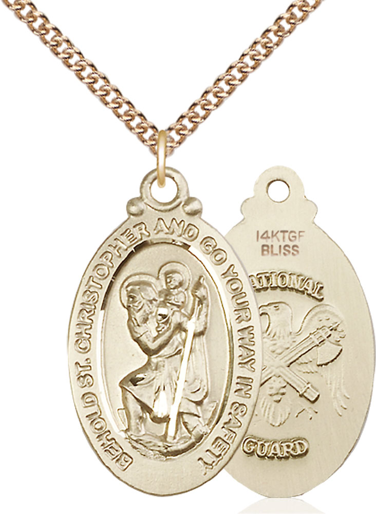 14kt Gold Filled Saint Christopher National Guard Pendant on a 24 inch Gold Filled Heavy Curb chain