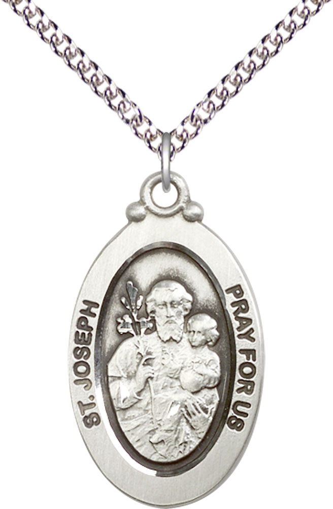 Sterling Silver Saint Joseph Pendant on a 24 inch Sterling Silver Heavy Curb chain