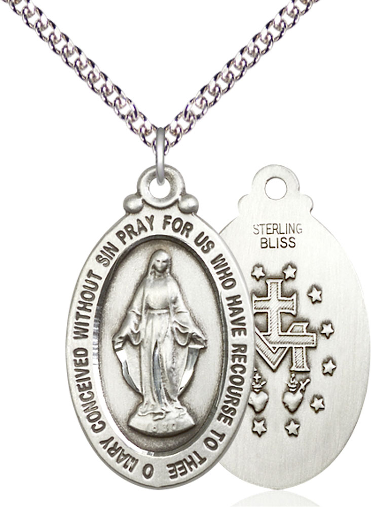 Sterling Silver Miraculous Pendant on a 24 inch Sterling Silver Heavy Curb chain lobster claw