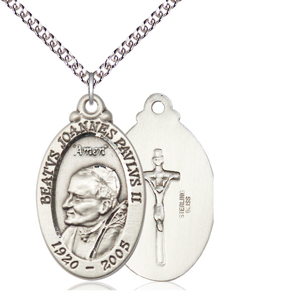 Sterling Silver Saint John Paul II Pendant on a 24 inch Sterling Silver Heavy Curb chain