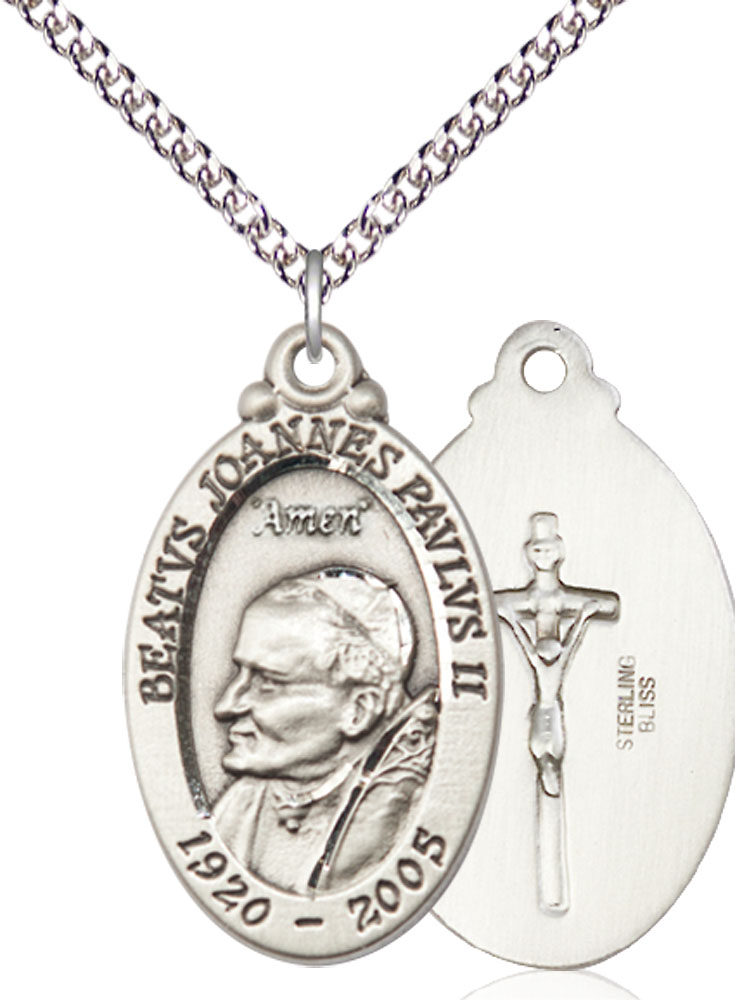 Sterling Silver Saint John Paul II Pendant on a 24 inch Sterling Silver Heavy Curb chain