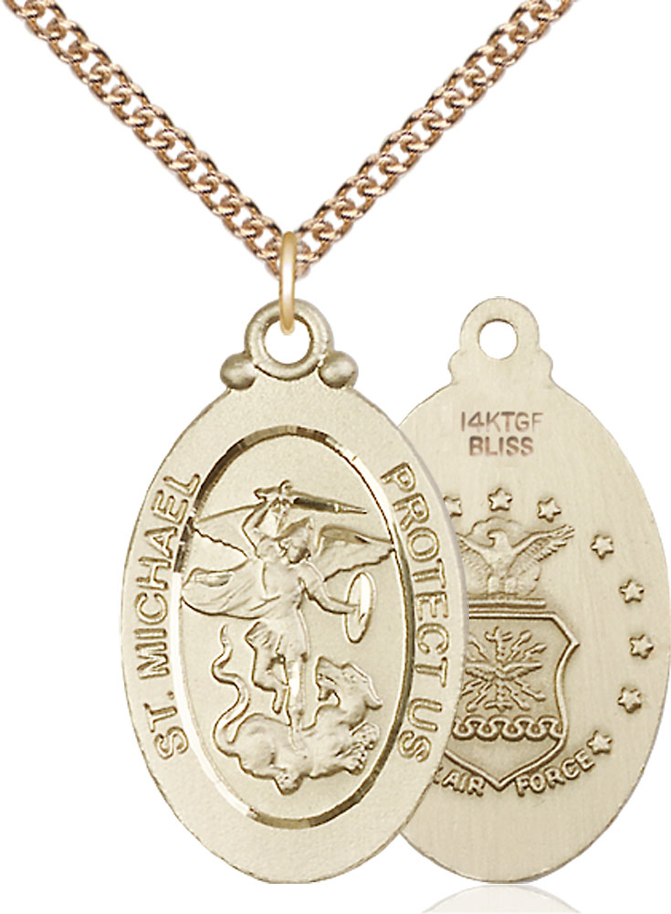 14kt Gold Filled Saint Michael Air Force Pendant on a 24 inch Gold Filled Heavy Curb chain