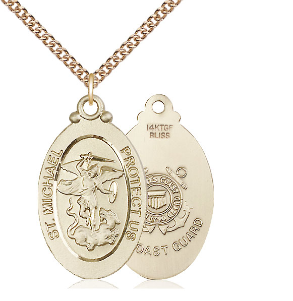 14kt Gold Filled Saint Michael Coast Guard Pendant on a 24 inch Gold Filled Heavy Curb chain