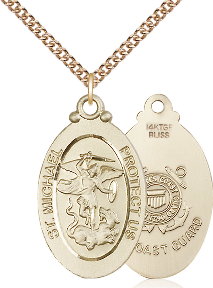 14kt Gold Filled Saint Michael Coast Guard Pendant on a 24 inch Gold Filled Heavy Curb chain