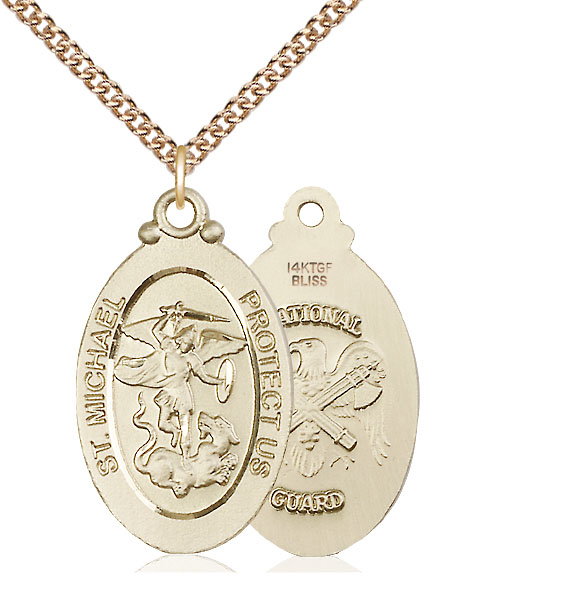 14kt Gold Filled Saint Michael National Guard Pendant on a 24 inch Gold Filled Heavy Curb chain