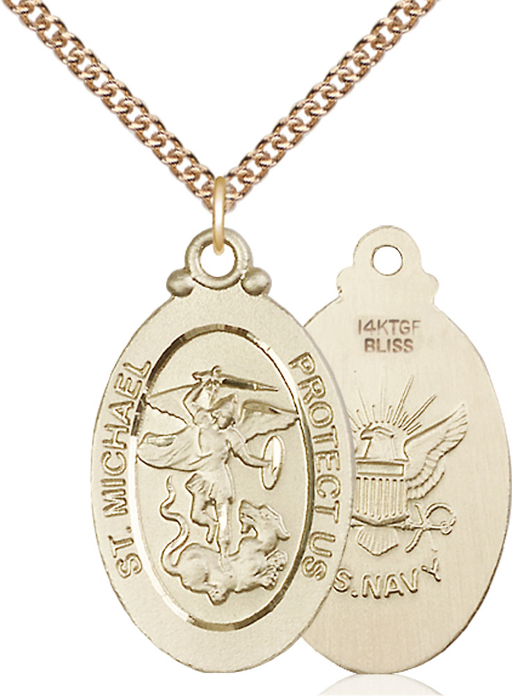 14kt Gold Filled Saint Michael Navy Pendant on a 24 inch Gold Filled Heavy Curb chain