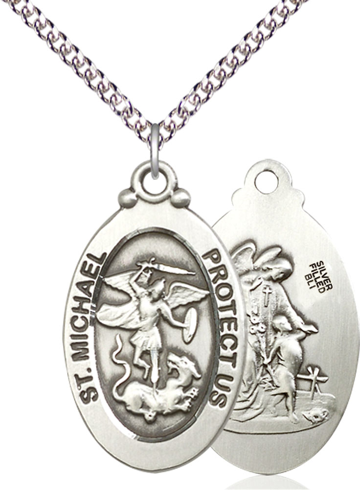 Sterling Silver Saint Michael the Archangel Pendant on a 24 inch Sterling Silver Heavy Curb chain