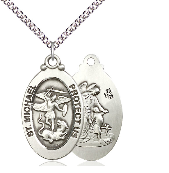 Sterling Silver Saint Michael the Archangel Pendant on a 24 inch Sterling Silver Heavy Curb chain