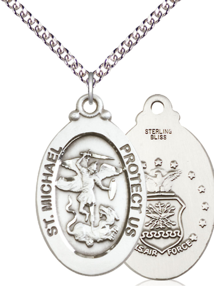 Sterling Silver Saint Michael Air Force Pendant on a 24 inch Sterling Silver Heavy Curb chain