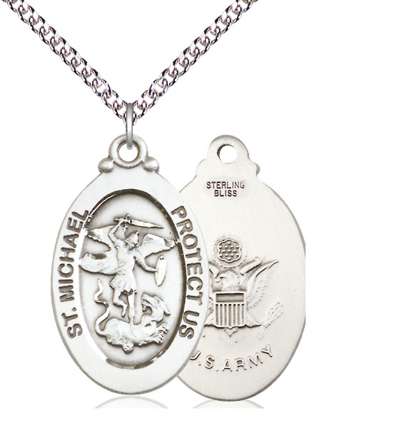 Sterling Silver Saint Michael Army Pendant on a 24 inch Sterling Silver Heavy Curb chain