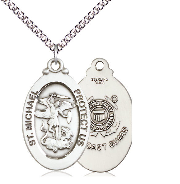 Sterling Silver Saint Michael Coast Guard Pendant on a 24 inch Sterling Silver Heavy Curb chain