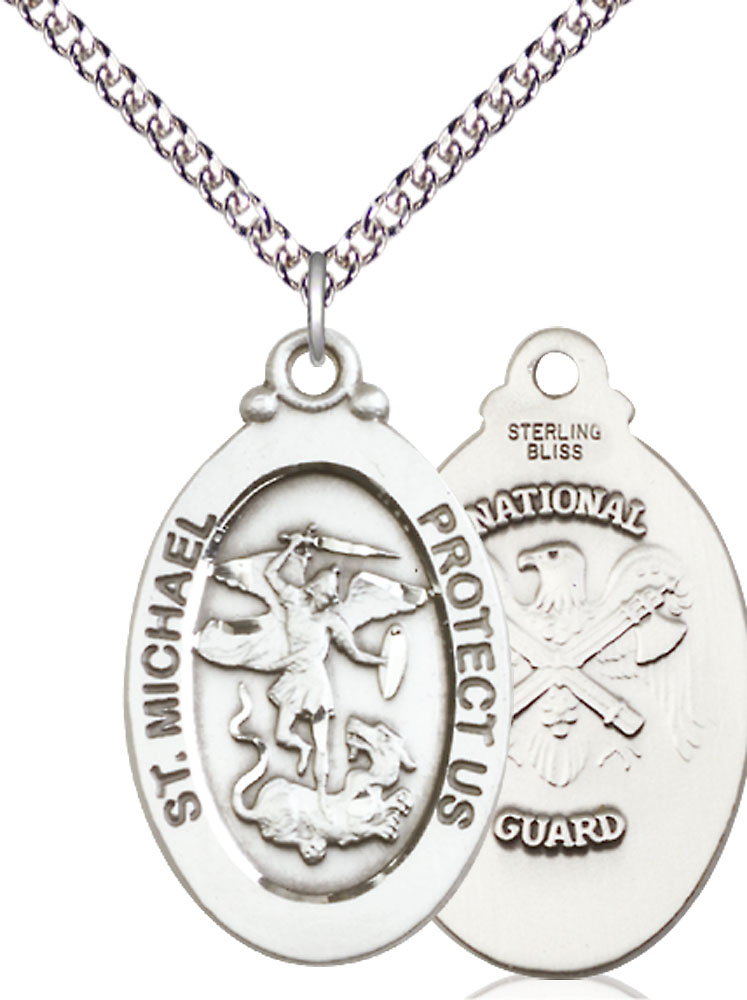 Sterling Silver Saint Michael National Guard Pendant on a 24 inch Sterling Silver Heavy Curb chain