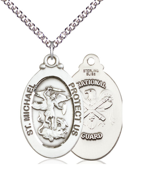 Sterling Silver Saint Michael National Guard Pendant on a 24 inch Sterling Silver Heavy Curb chain